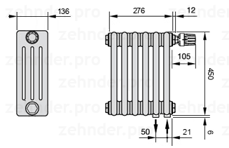 Схема (чертеж) Радиатор Zehnder Charleston 4045/6 №V002 Белый глянцевый RAL 9016